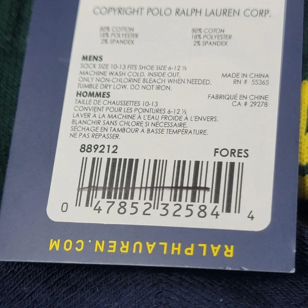 Polo Ralph Lauren Socks Mens 10-13 Green Polo Sport USA Flag Mid Calf Crew